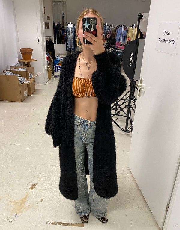 Chunky knit balloon sleeve long cardigan