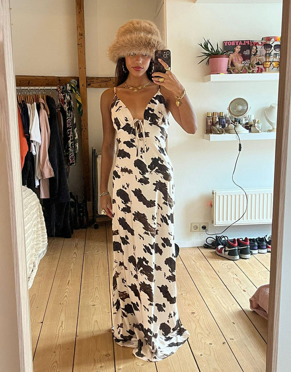 Cow print front tie maxi dress