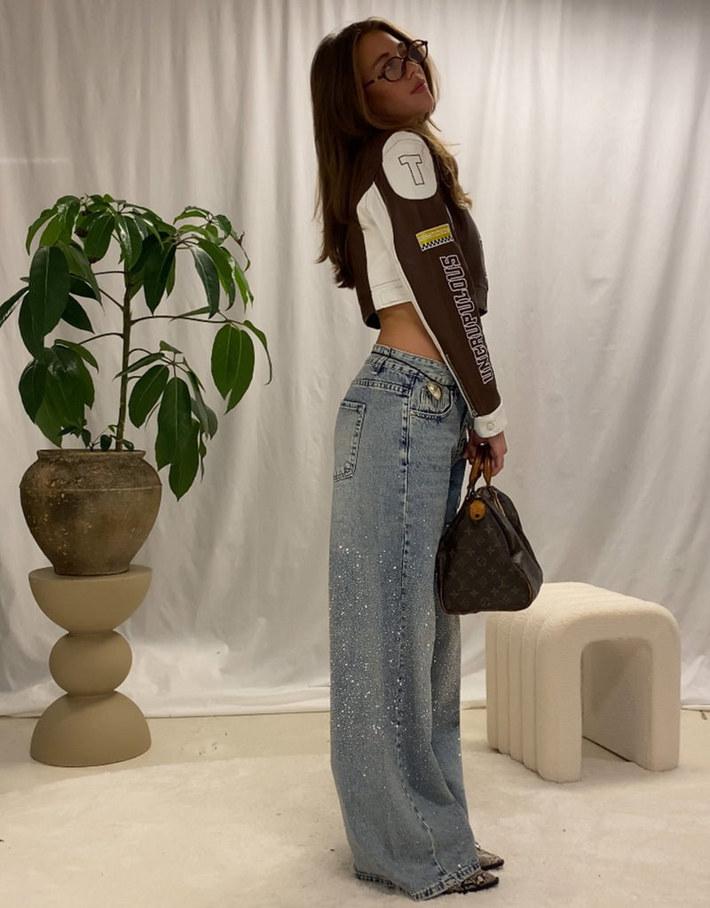 Cropped motor race jacket with patches