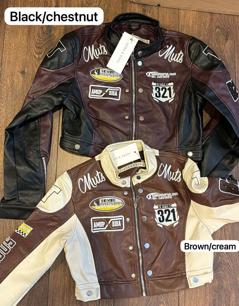 Cropped motor race jacket with patches