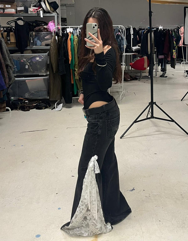 Vintage customized jeans with lace side details