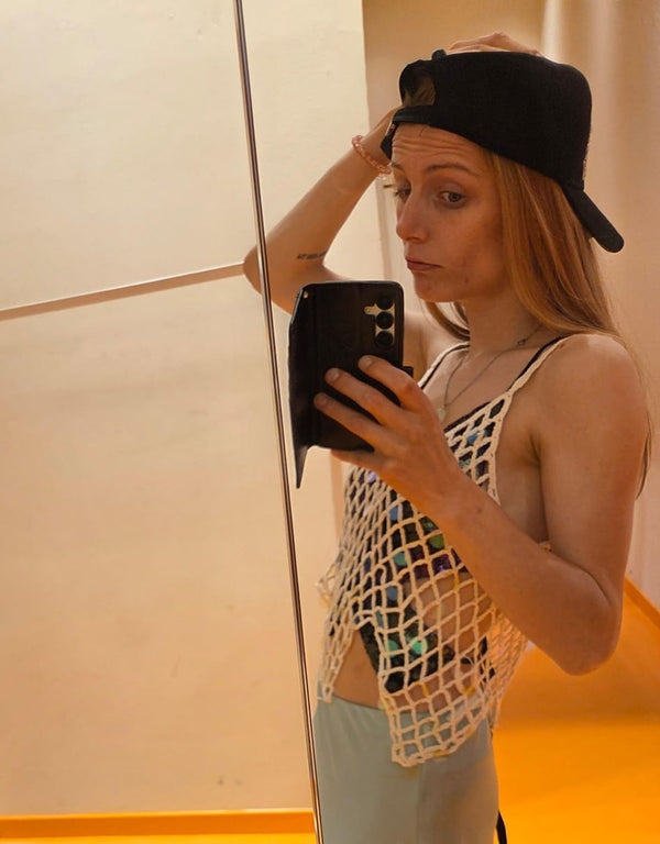 Dangling sequins crochet net top