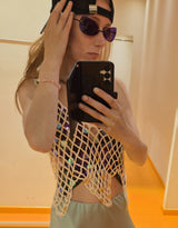 Dangling sequins crochet net top