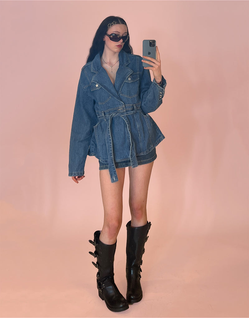 Denim belted midi coat