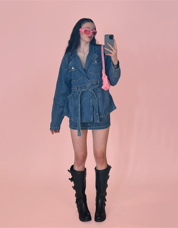 Denim belted midi coat