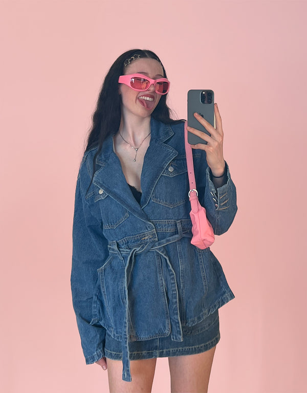 Denim belted midi coat