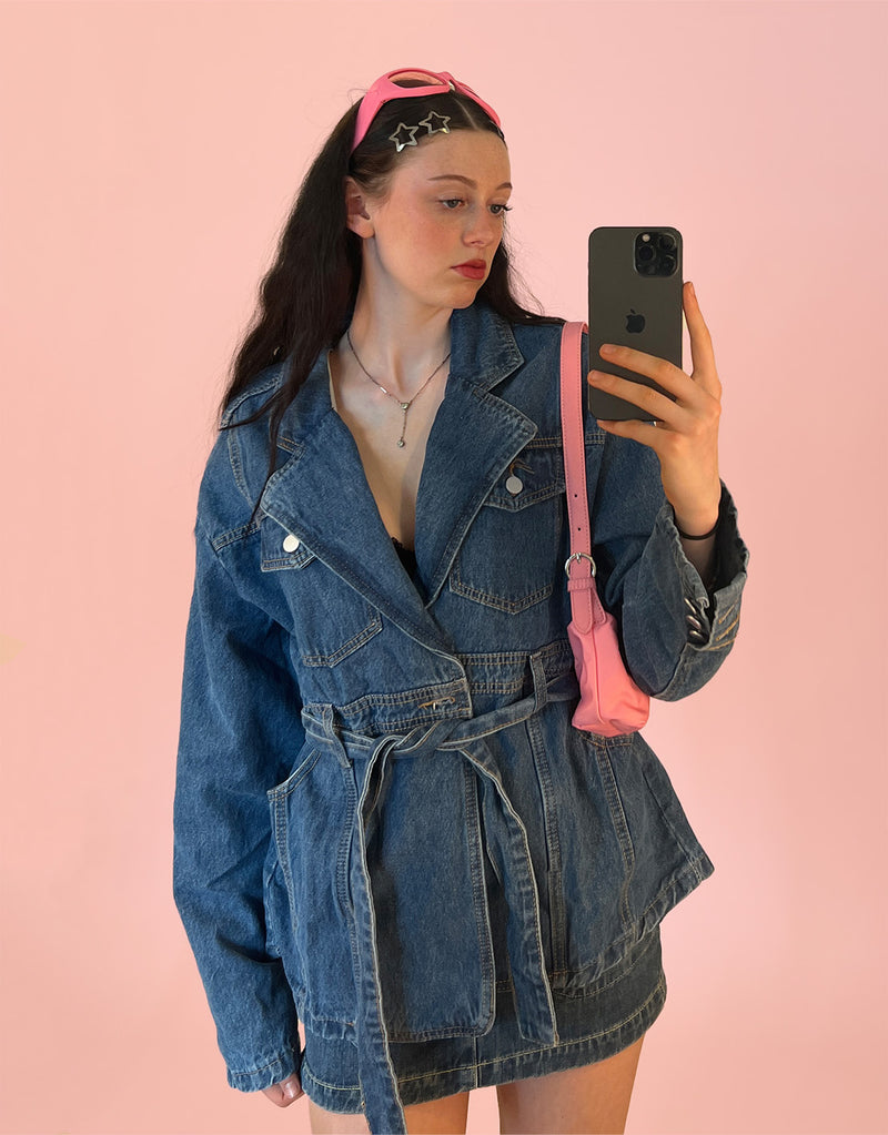 Denim belted midi coat