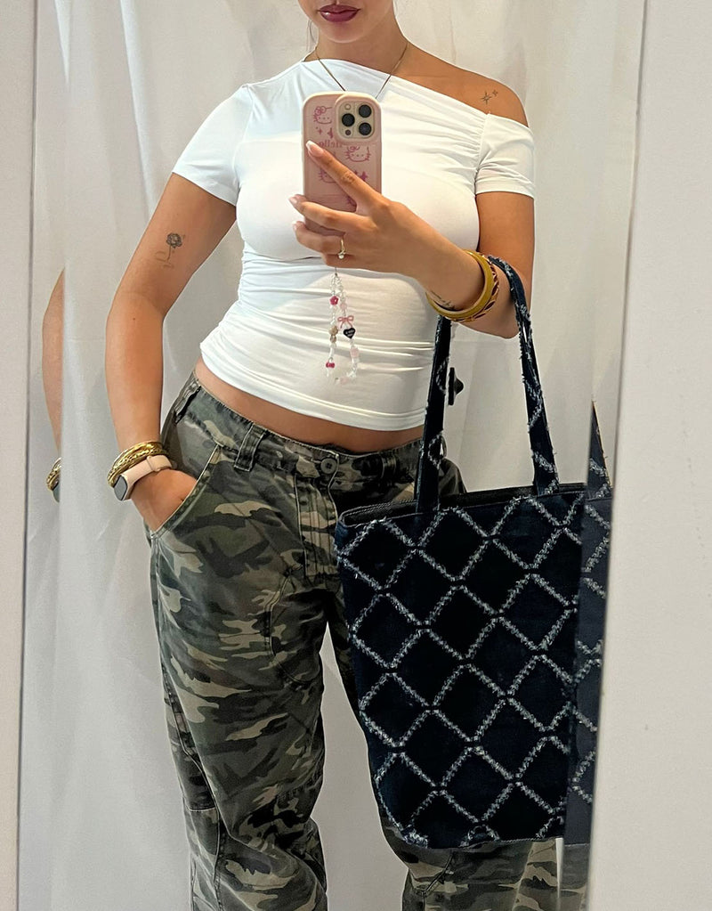 Distressed diamond denim tote bag