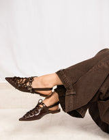 Lace-up buckle slingback pointed patent vegan leather shoes