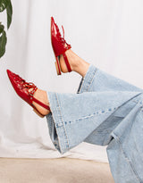 Lace-up buckle slingback pointed patent vegan leather shoes