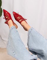 Lace-up buckle slingback pointed patent vegan leather shoes