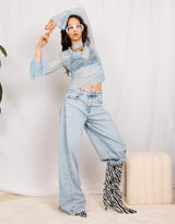 Lace bell sleeves sheer top