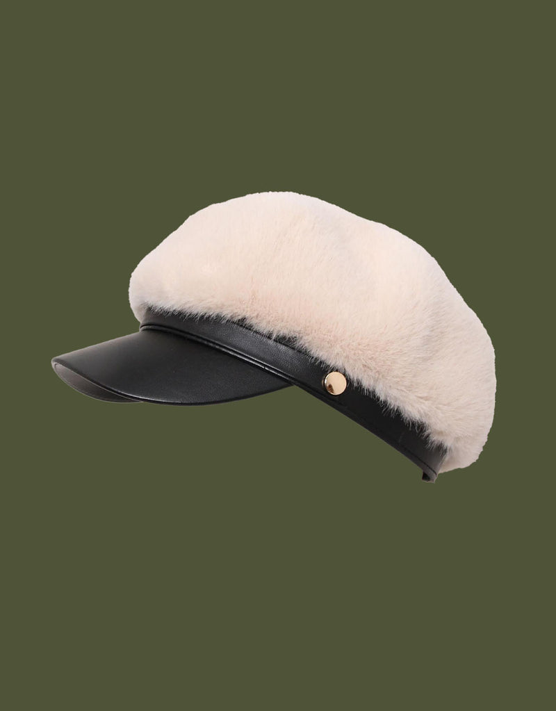 Faux fur cap with vegan leather detail