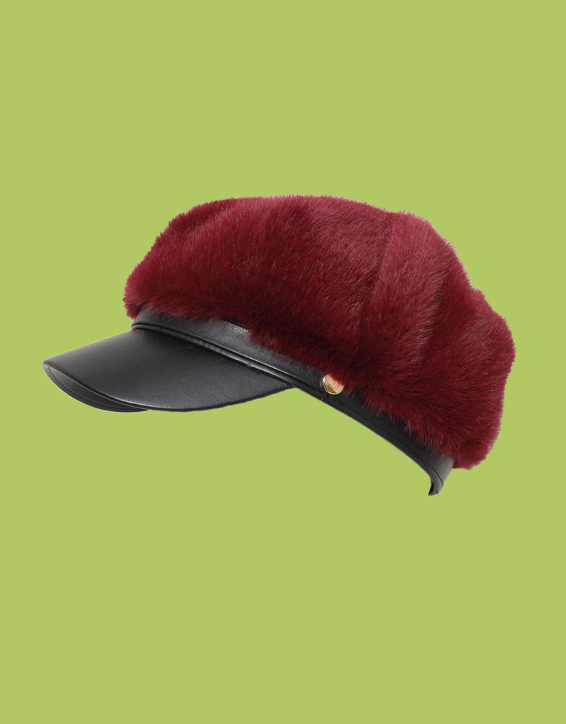 Faux fur cap with vegan leather detail