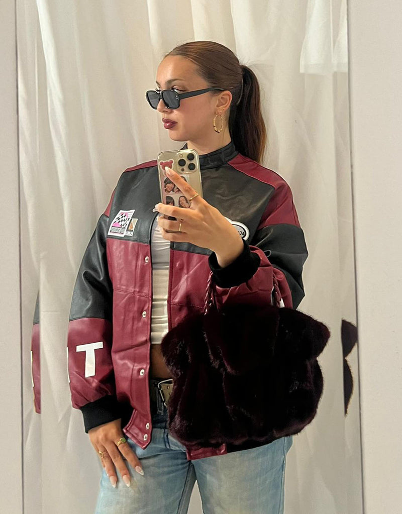 Oversized vegan leather motor race bomber jacket
