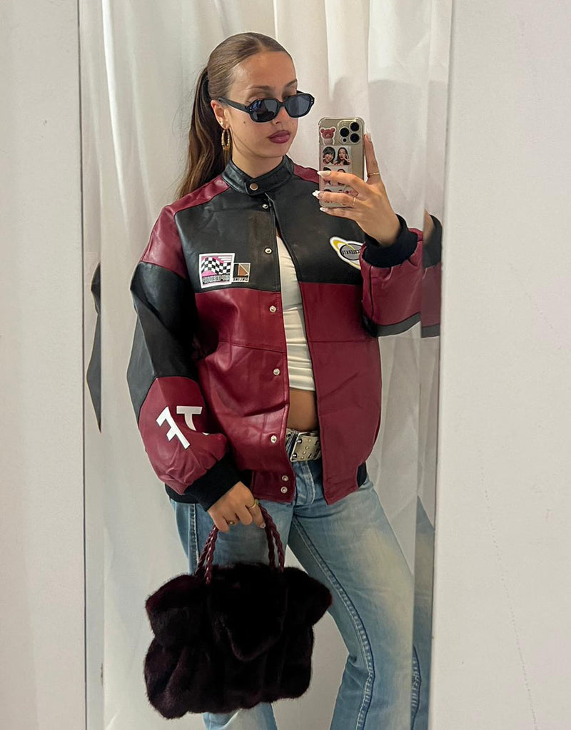 Oversized vegan leather motor race bomber jacket