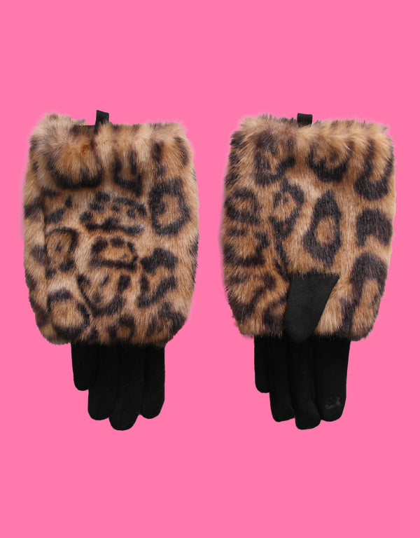 Faux fur trim animal print gloves