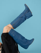Fold over denim heeled boots