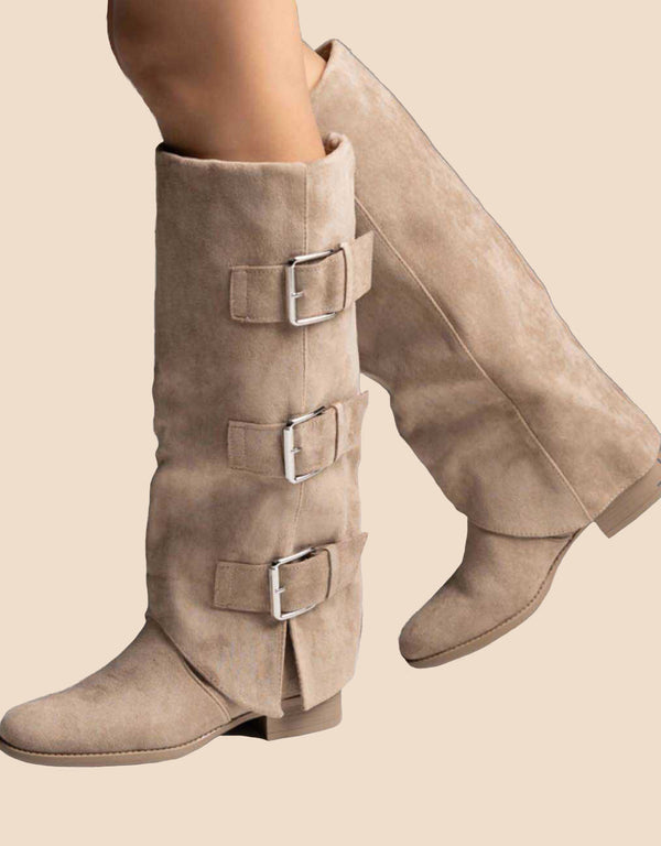 Fold over triple buckle boots