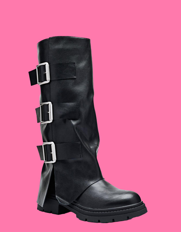 Fold over triple buckle detail boots