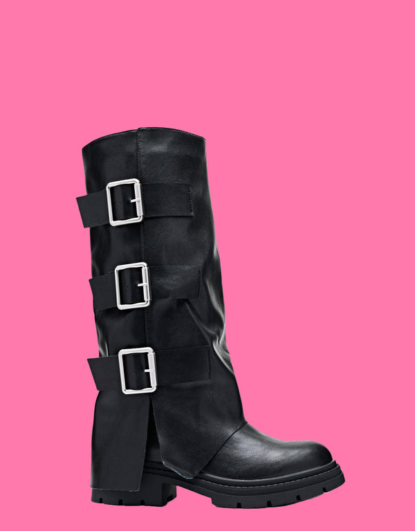 Fold over triple buckle detail boots