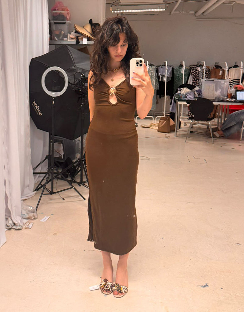Gold shell cut out long dress