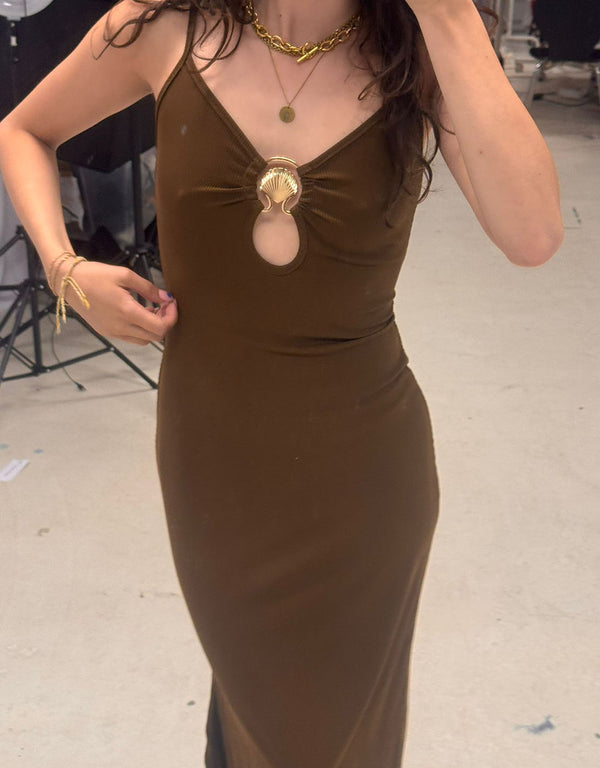 Gold shell cut out long dress