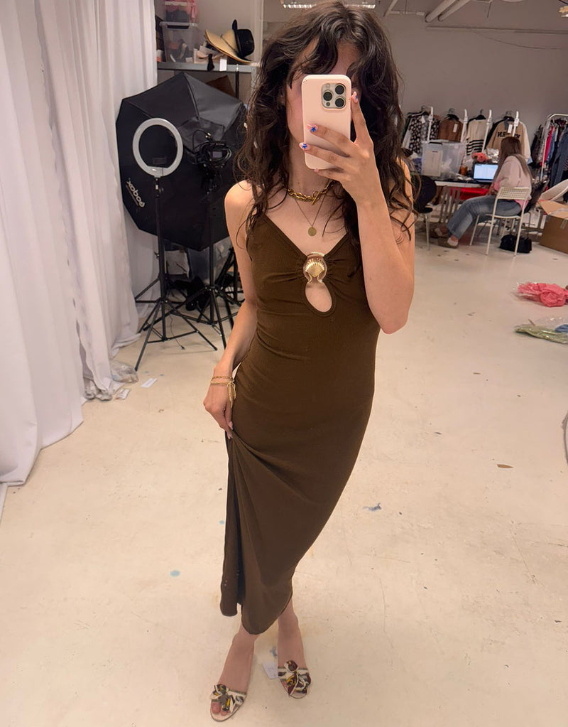 Gold shell cut out long dress