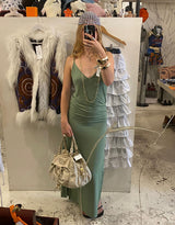 Handmade side split long dress with v-neck