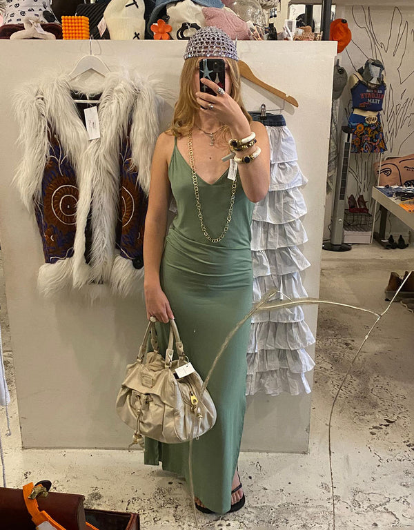 Handmade side split long dress with v-neck