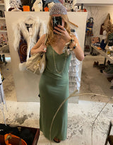Handmade side split long dress with v-neck