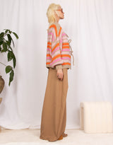 Wool blend front tie striped cardigan