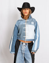 Vintage customized upcycled Adidas frog closure denim patches jacket