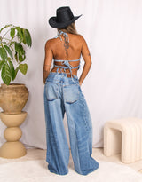 Vintage customized upcycled denim Carhartt butterfly back tie top