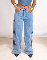 Star patches wide leg jeans