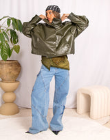 Cropped vegan leather biker jacket