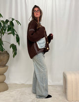 Knit cardigan with denim patch pockets