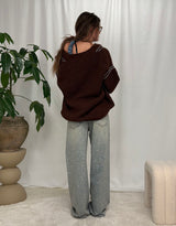 Knit cardigan with denim patch pockets