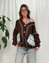 Knit cardigan with denim patch pockets