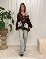 Knit cardigan with denim patch pockets