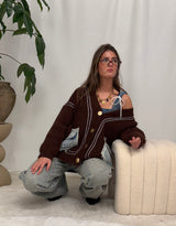 Knit cardigan with denim patch pockets