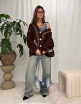 Knit cardigan with denim patch pockets