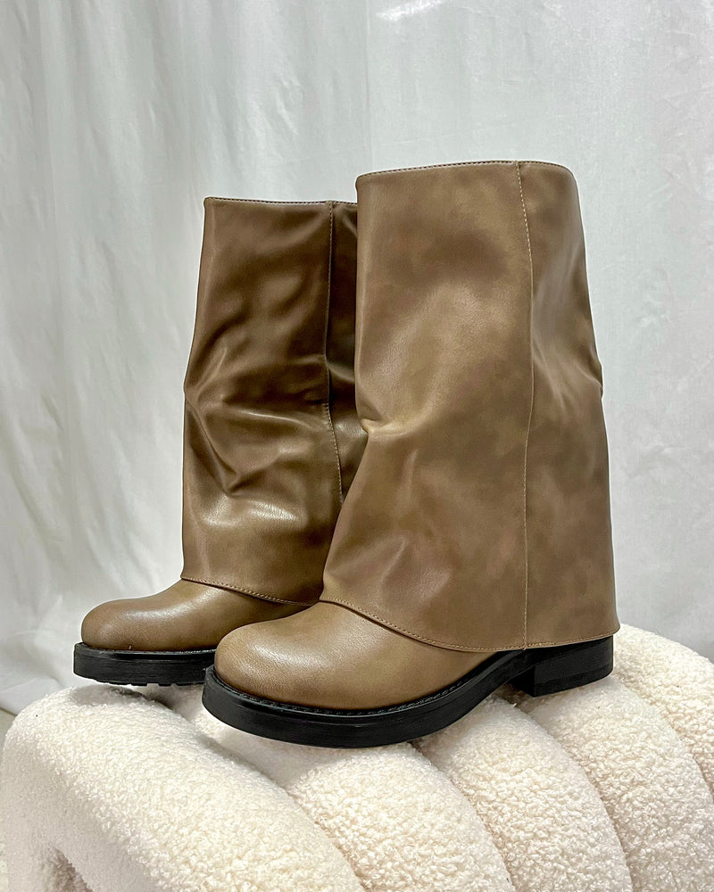 Vegan leather fold over midi boots