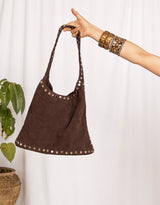 Handcrafted buffalo suede studded shopper bag