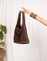Handcrafted buffalo suede studded shopper bag