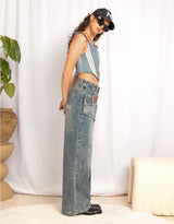 Layered waistband wide leg jeans