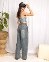 Layered waistband wide leg jeans