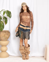 Vintage customized upcycled tie denim v shape mini skirt