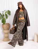 Long faux leather belted coat