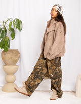Vegan suede high collar military button bomber jacket